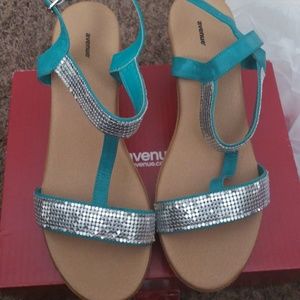 🌟EVIN EMBELLISHED T-STRAP WEDGE SANDAL Teal 13W